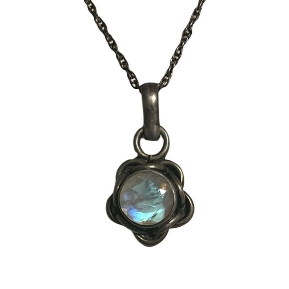 Vintage 925 Moonstone Flower Pendent Necklace Sterling Silver Chain